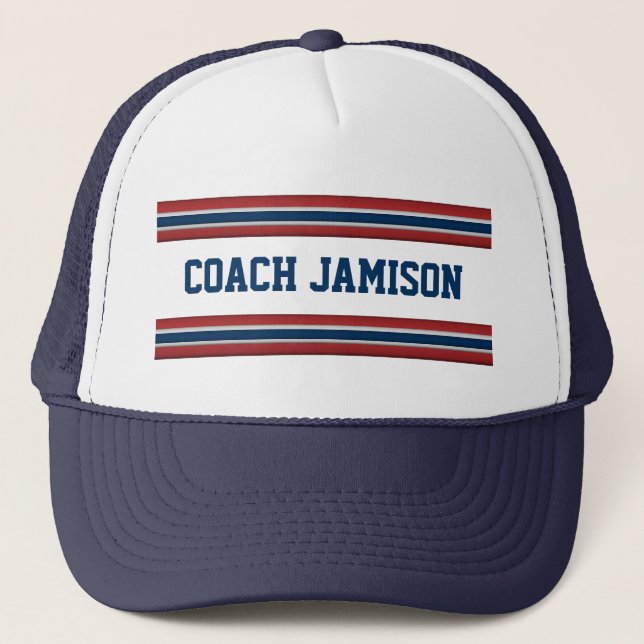 Team Coach Customised Name in Jersey Colour Stripe Trucker Hat (Front)