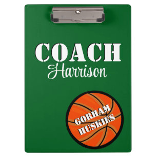 Team Coach Green and White Basketball Personalised Clipboard