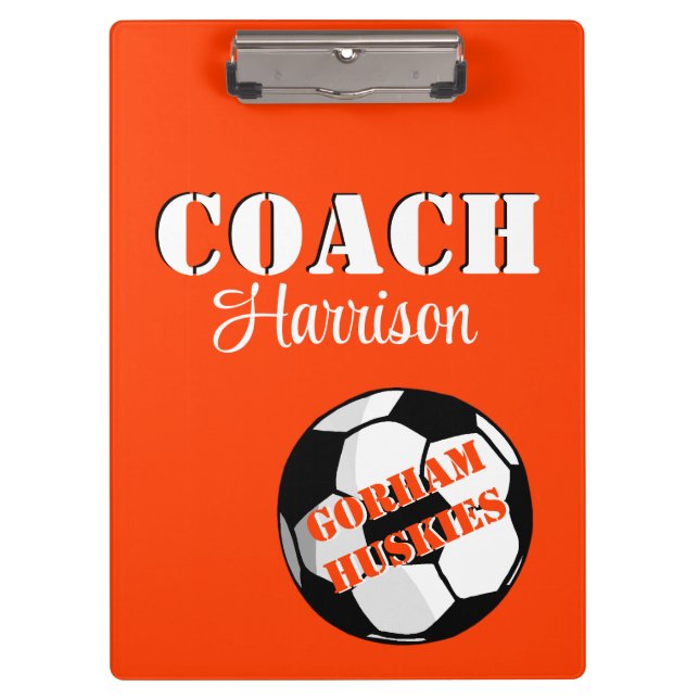 Team Coach Orange and White Soccer Personalised Clipboard (Front)