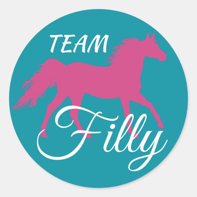 "Team Filly" Pink Gender Reveal Classic Round Sticker (Front)