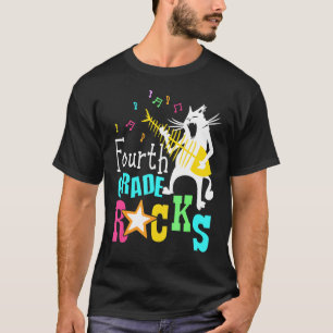 Team Fourth Grade Rocks 4th Grade Cat Playing Gui T-Shirt
