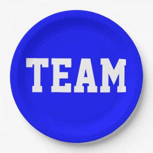 TEAM Fun Sporty Athletic White Text On Royal Blue Paper Plate