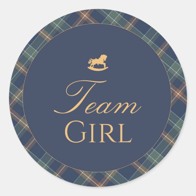 Team Girl Gender Reveal Voting Sticker Navy Plaid (Front)