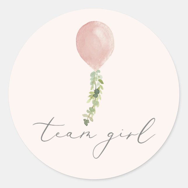 Team Girl Pink Balloon Calligraphy Gender Reveal Classic Round Sticker (Front)