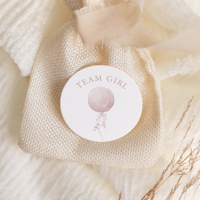 Team Girl Pink Balloon Minimalist Gender Reveal Classic Round Sticker (Creator Uploaded)