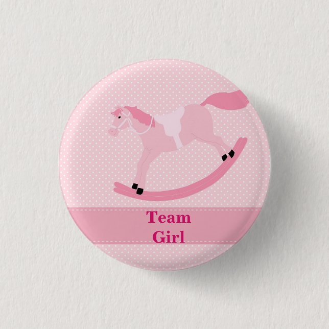 Team Girl Pink Rocking Horse Gender Reveal button (Front)