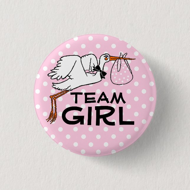 Team Girl Pink Stork Baby Shower Gender Reveal 3 Cm Round Badge (Front)
