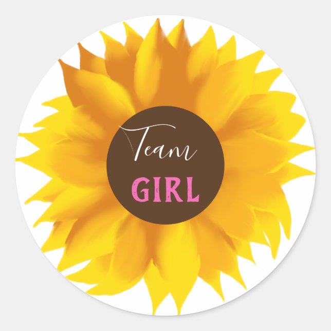 Team Girl Sunflower, Gender Reveal Party Classic Round Sticker (Front)