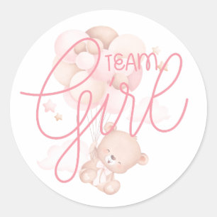 Team Girl Watercolor Teddy Bear Gender Reveal Classic Round Sticker