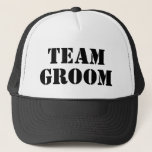 TEAM GROOM black bachelor party trucker hats<br><div class="desc">TEAM BRIDE black bachelor and bachelorette party trucker hats. Cool wedding accessories and party supplies for groom, best man, groomsmen, bride and bride's entourage. Custom caps with vintage typography template for party crew. Make your own hats for bridesman, bridesmaids, maid of honour, friends, sister, brother etc. Cool prop for boys...</div>