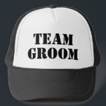 TEAM GROOM black bachelor party trucker hats<br><div class="desc">TEAM BRIDE black bachelor and bachelorette party trucker hats. Cool wedding accessories and party supplies for groom, best man, groomsmen, bride and bride's entourage. Custom caps with vintage typography template for party crew. Make your own hats for bridesman, bridesmaids, maid of honour, friends, sister, brother etc. Cool prop for boys...</div>