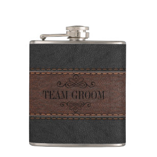 Team Groom Black & Brown Leather Hip Flask