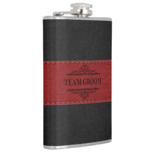 Team Groom Black & Red Leather 2 Hip Flask