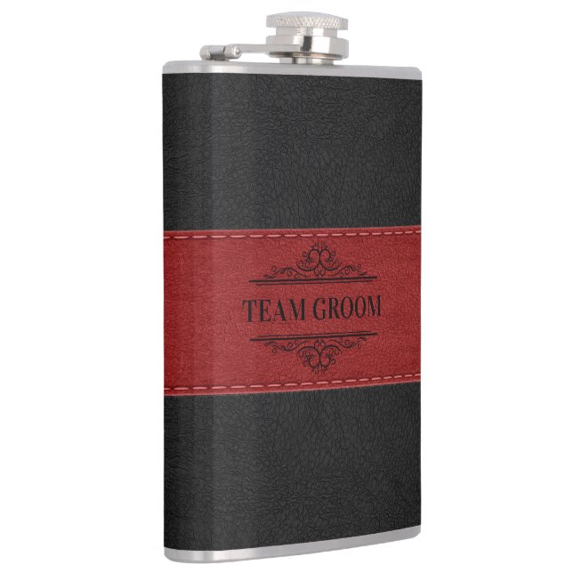 Team Groom Black & Red Leather 2 Hip Flask (Right)