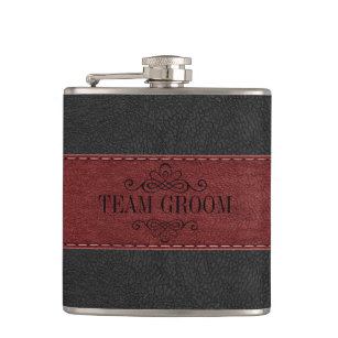 Team Groom Black & Red Leather  Hip Flask