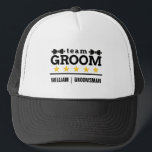Team Groom Custom Groomsman  Trucker Hat<br><div class="desc">Team Groom | Groomsman | Bachelor | Black White Hat The name and role of team groom can easily be personalised with the names of your grooms squad, for example, groom, best man, groomsman, Father of the Groom, and others. A stylish and modern design of team groom for a wedding...</div>