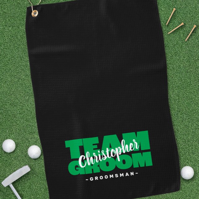 Team Groom Fun Groomsman Golfer Sports Black Green Golf Towel (Team Groom Groomsman Golfer Sports Pro Black Green Golf Towel )