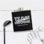 Team Groom Groomsman Wedding Name Party Black Grey Hip Flask<br><div class="desc">Custom flask design for your bachelor party features "TEAM GROOM" in bold light grey type. Customise groomsmen's name in crisp white script on a masculine black background. Title or custom text is featured below. All colours in this design are customisable in the Zazzle design tool area! Message with questions or...</div>