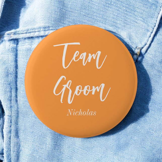 Team Groom Orange White Wedding Button (Creator Uploaded)