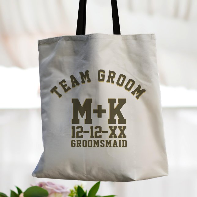 Team Groom Sporty Groomsmaid Wedding Tote Bag (Add your wedding date & initials to this Team Groom Sporty tote bag. Perfect proposal gift for her!)