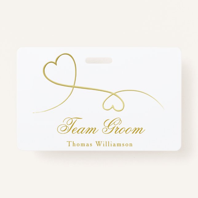 Team Groom | Two Gold Hearts Wedding ID Badge (Front)