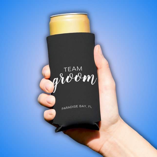 Team Groom Wedding Bachelor Party Seltzer Can Cooler (Modern and simple, Team Groom, Wedding Party Bachelor Party black can coolers.)