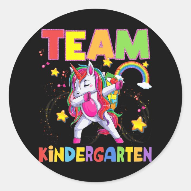 Team Kindergarten Dabbing Unicorn Back To School G Classic Round Sticker (Front)