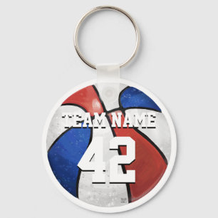 Team Name and Number Red White Blue Basketball Key Ring