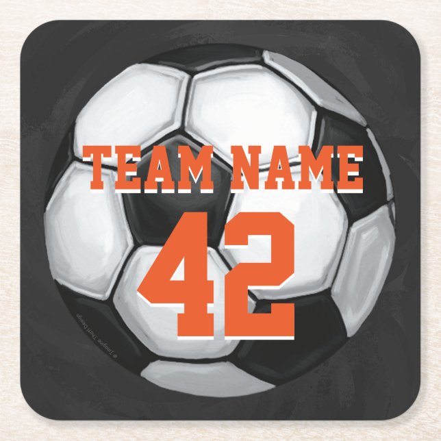 Team Name and Number Soccer Ball Square Paper Coaster (Front)