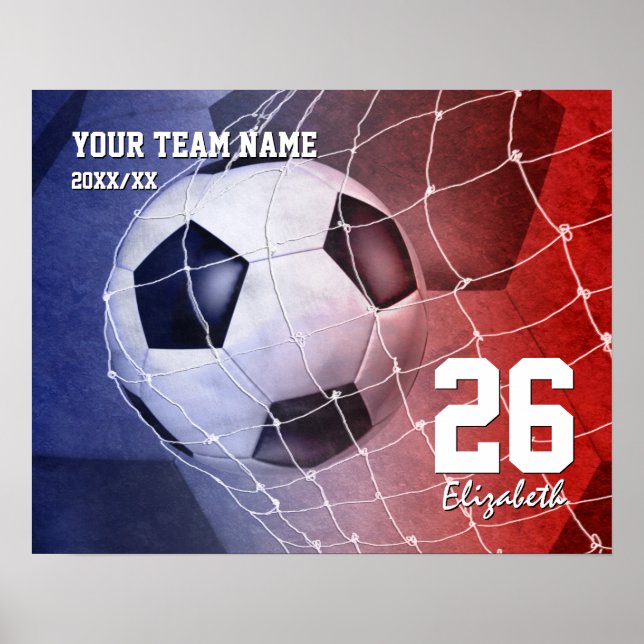 Team name red white blue girls' soccer ball goal poster (Front)