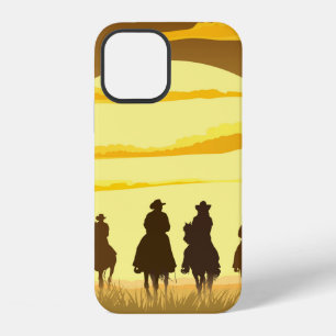 Team of cowboys silhouette galloping against a sun iPhone 12 case