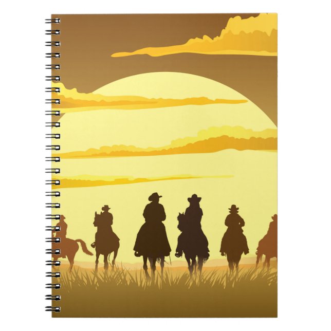 Team of cowboys silhouette galloping against a sun notebook (Front)