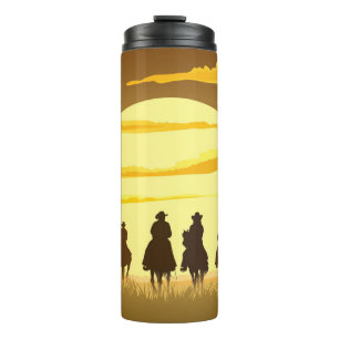 Team of cowboys silhouette galloping against a sun thermal tumbler