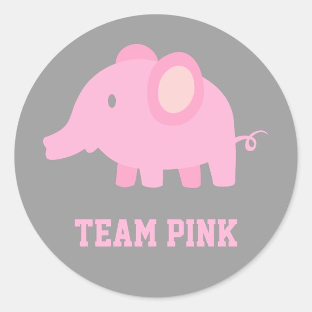 Team Pink, Baby Girl Elephant, Gender Reveal Party Classic Round Sticker (Front)