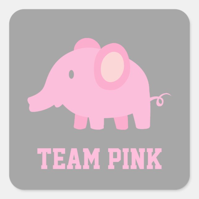Team Pink, Baby Girl Elephant, Gender Reveal Party Square Sticker (Front)