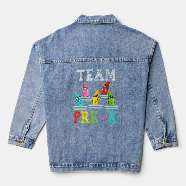 Team Pre K Cute Crayons Kids Boys Girls Back To Sc Denim Jacket (Back)