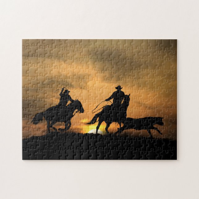 Team Roping Cowboys Horses and Steer Jigsaw Puzzle (Horizontal)