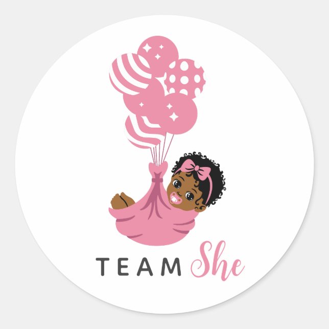 Team She Pink Balloon African American Baby Girl Classic Round Sticker (Front)