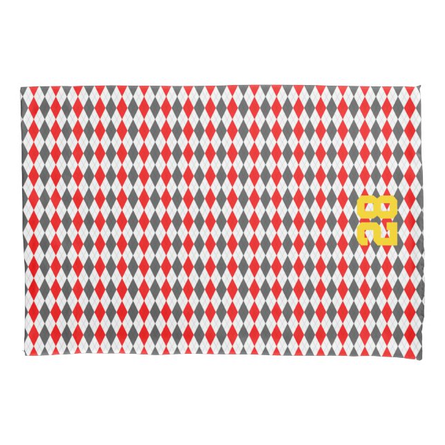 Team Spirit Argyle Red White Black Yellow Number Pillowcase (Front)