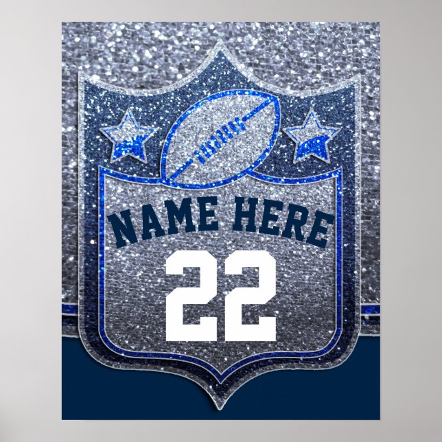 Team Sports Blue & Silver Glitter College Football Poster (Front)