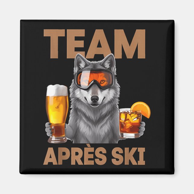 Team wolf drinking beer cocktail winter vacation magnet (Front)