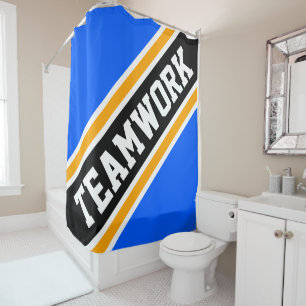 TEAMWORK Bright Blue Orange Black Racing Stripes Shower Curtain