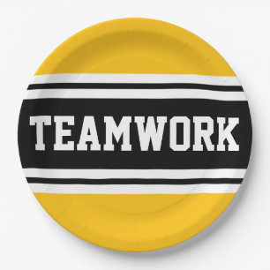 TEAMWORK Fun Bright Yellow Black Racing Stripes Paper Plate