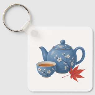 Teapot and Autumn Maple Leaf Key Ring
