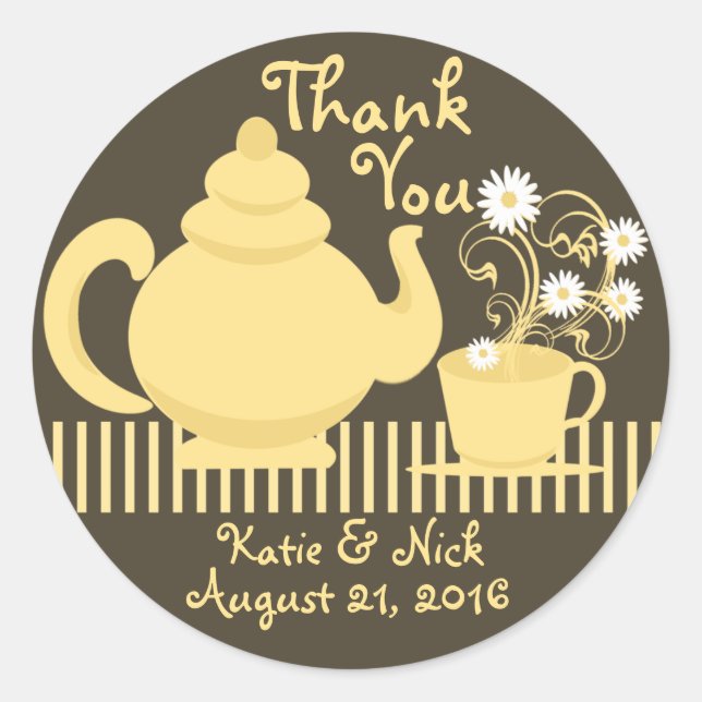 Teapot and Daisies Yellow and Brown Classic Round Sticker (Front)