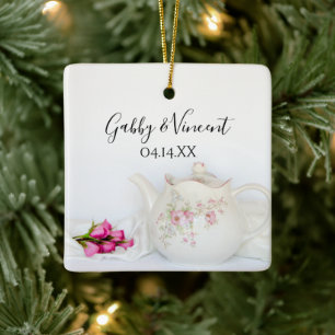 Teapot and Pink Roses Wedding Ceramic Ornament