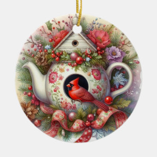 Teapot Birdhouse Cardinal 2 Ceramic Ornament