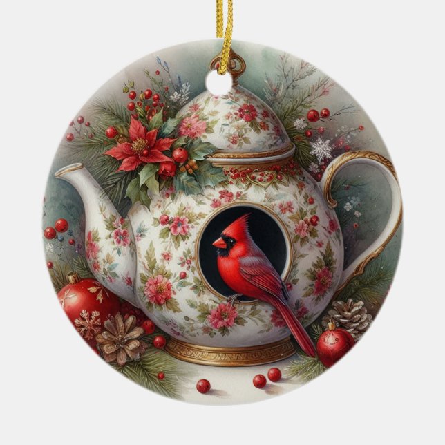 Teapot Birdhouse Cardinal 5 Ceramic Ornament (Front)