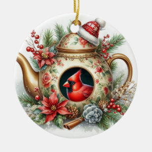 Teapot Birdhouse Cardinal 6 Ceramic Ornament