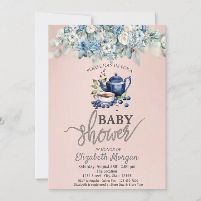 Teapot  Blueberry Floral Baby Shower Invitation (Front)